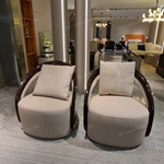 White and Brown Leather Sofa Set with Button Tufting Craftsmanship, Natural Wood Veneer & Gold Stainless Steel Trim